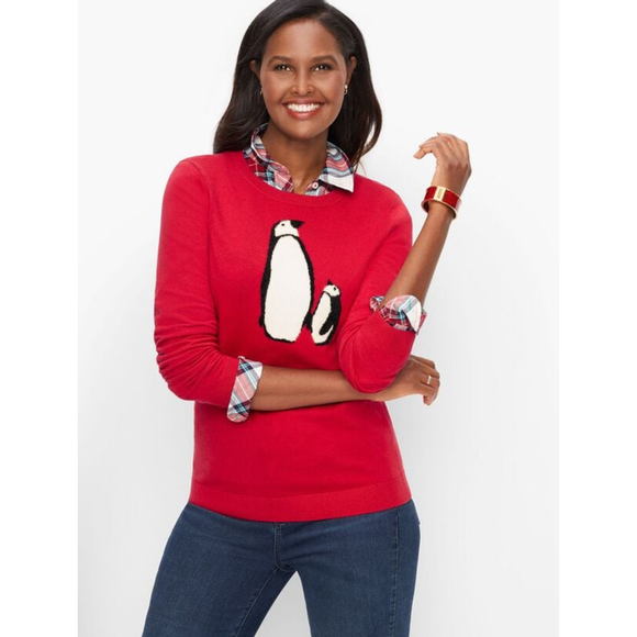 Talbots SUPERSOFT PENGUIN CREWNECK SWEATER Small Petite Red Crew neck - Picture 1 of 9